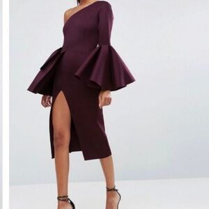 ASOS PREMIUM Bloggers/CelebrityFavorite Plum One Shoulder Dramatic Sleeve MIDI 4